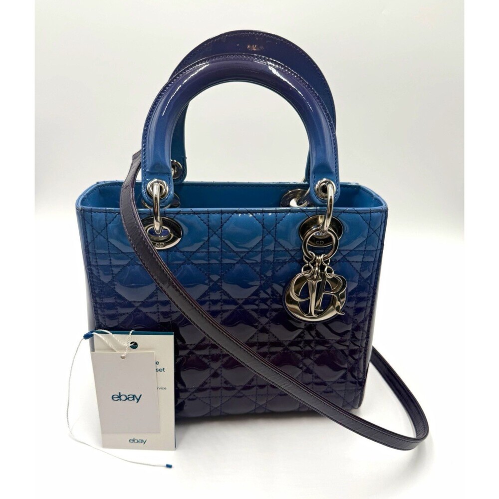 Auth Christian Dior Medium Lady Dior Blue Ombre Patent Leather Handbag Strap
